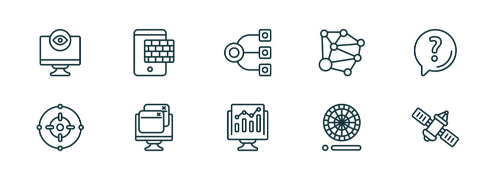 set of 10 linear icons from technology concept. outline icons such as retina display, firewalls, structural elements, growth hacking, colory theory, satellite connection vector