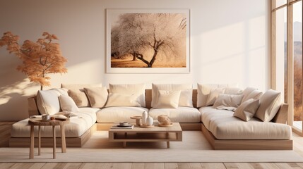 This modern home decor template features cozy living space with stylish sofa, coffee table, floral arrangements in imitation vases, posters, decorative carpets, plaid pillows, and personal accessories