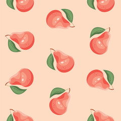 Bright seamless pattern with ripe pears. Repeating background with fruit. Vector print.