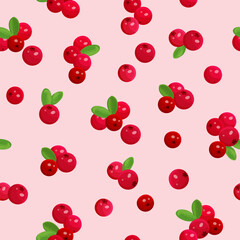 Romantic seamless pattern with red ripe cranberries. Repeating background with berries. Vector print.