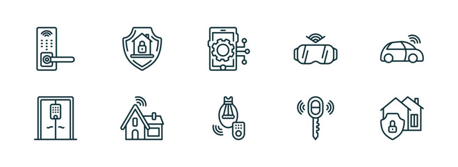set of 10 linear icons from smart home concept. outline icons such as handle, surveillance, mobility, lighting, remote vehicle, security system vector