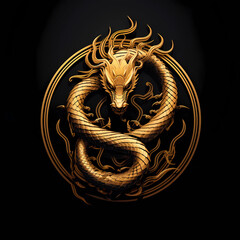 logo, golden on black background, graphic design, dragon, generative ai illustration, chinese mythical creature shaped like a snake, with feet and horns,