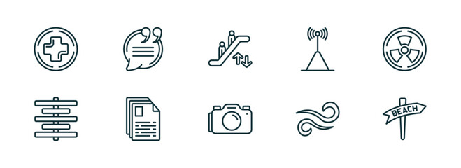 set of 10 linear icons from signs concept. outline icons such as add, quotes, or, camera, wind, beach vector