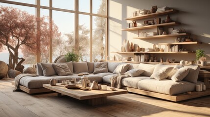 Obraz na płótnie Canvas This modern home decor template features cozy living space with stylish sofa, coffee table, floral arrangements in imitation vases, posters, decorative carpets, plaid pillows, and personal accessories