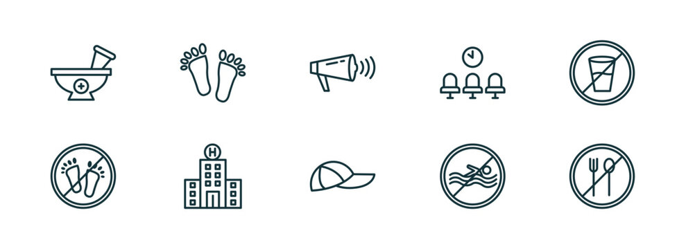 set of 10 linear icons from signs concept. outline icons such as phary, barefoot, shout, cap, no swimming, no food vector