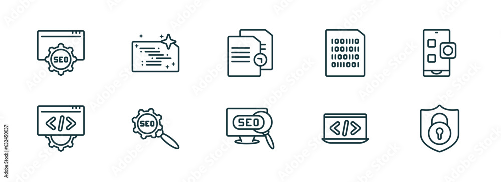 Poster set of 10 linear icons from seo concept. outline icons such as image seo, clean code, duplicate, vis