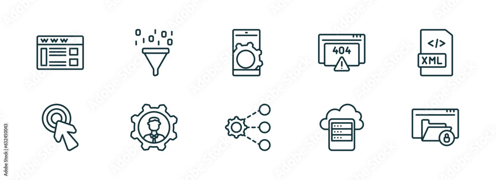 Poster set of 10 linear icons from programming concept. outline icons such as web page, seo funnel, mobile 