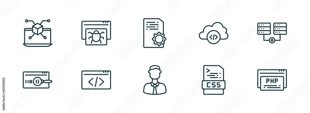 Poster set of 10 linear icons from programming concept. outline icons such as simulation, bug report, artic