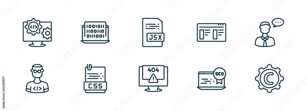 Poster set of 10 linear icons from seo concept. outline icons such as engineering, binary code, jsx, progra
