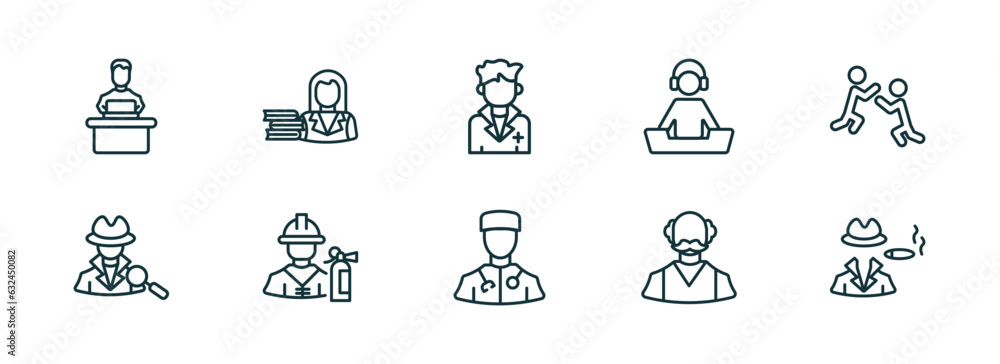 Poster set of 10 linear icons from professions concept. outline icons such as software developer, librarian