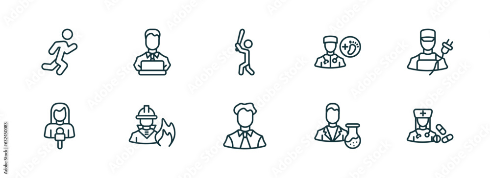 Poster set of 10 linear icons from professions concept. outline icons such as athlete, programmer, baseball