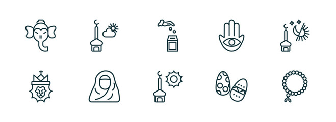 set of 10 linear icons from religion concept. outline icons such as ganesha, assr, sadaqah charity, zuhr prayer, easter eggs, prayer beads vector
