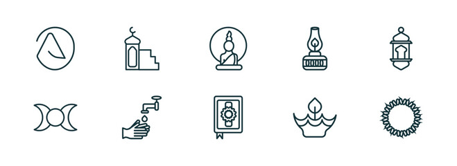 set of 10 linear icons from religion concept. outline icons such as atheism, minbar, buddha, mushaf, diwali, crown of thorns vector