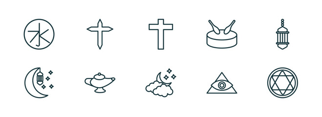 set of 10 linear icons from religion concept. outline icons such as confucianism, cross, christian, ramadan crescent moon, cao dai, blasphemy vector