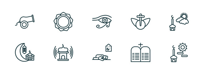 set of 10 linear icons from religion concept. outline icons such as eyd gun, buddhism, eye of ra, sujud posture, commandments, subah prayer vector - obrazy, fototapety, plakaty