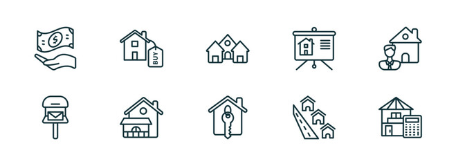 set of 10 linear icons from real estate concept. outline icons such as deposit, buy, houses, house key, neighborhood, calculate vector