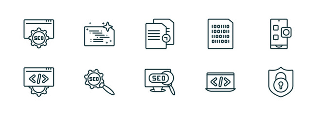 set of 10 linear icons from seo concept. outline icons such as image seo, clean code, duplicate, visibility, programming language, encryption vector
