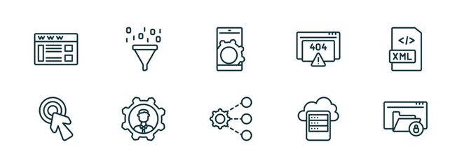 set of 10 linear icons from programming concept. outline icons such as web page, seo funnel, mobile app, sharing, data storage, encripted file vector