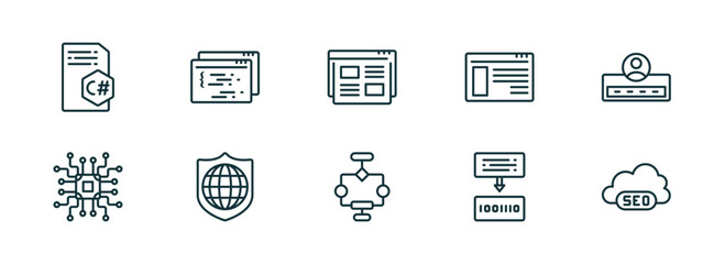 set of 10 linear icons from programming concept. outline icons such as c sharp, page, landing page, aorithm, compiler, seo cloud vector
