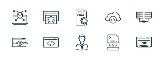 set of 10 linear icons from programming concept. outline icons such as simulation, bug report, article, seo, css, php vector