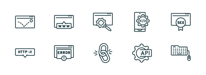 set of 10 linear icons from programming concept. outline icons such as advertising bounce, www, web optimization, broken link, api, keyboard and mouse vector