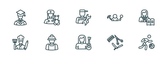 set of 10 linear icons from professions concept. outline icons such as graduated, pediatrician, plumber, guitar player, barber, basketball player vector - obrazy, fototapety, plakaty