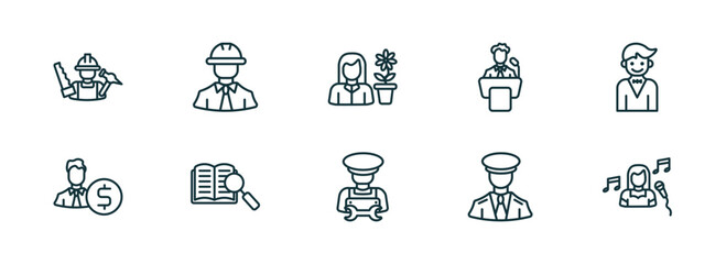 set of 10 linear icons from professions concept. outline icons such as carpenter, civil engineer, florist, mechanic, captain, singer vector