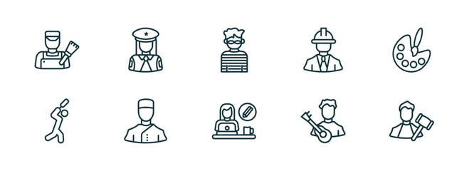 set of 10 linear icons from professions & jobs concept. outline icons such as painter, policewoman, thief, graphic de, musician, judge vector