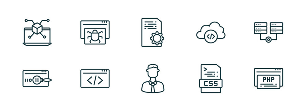 set of 10 linear icons from programming concept. outline icons such as simulation, bug report, article, seo, css, php vector