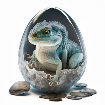 A cute baby dragon hatched from an egg.