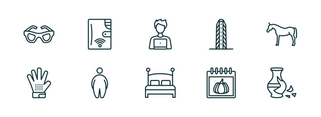 set of 10 linear icons from other concept. outline icons such as vintage eyeglasses, smart wallet, it specialist, hotel bed, pumpkin calendar, broken vase vector