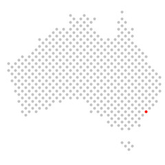 Sidney in Australien: Australienkarte aus grauen Punkten mit roter Markierung