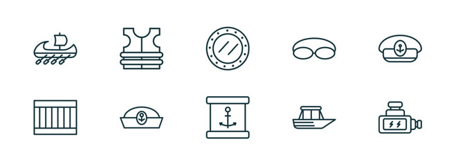 set of 10 linear icons from nautical concept. outline icons such as trireme, life jacket, submarine window, sea package, yacht facing right, ship engine vector