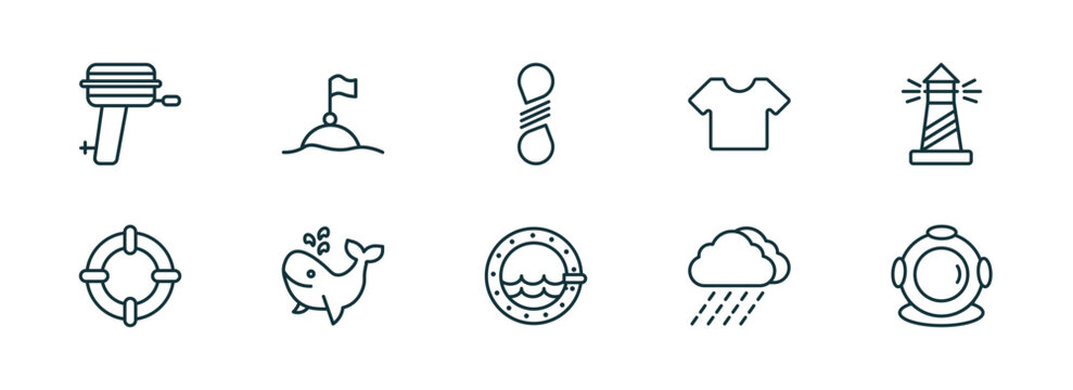 set of 10 linear icons from nautical concept. outline icons such as boat engine, buoys, knot, porthole, rainy cloud, diving helmet vector