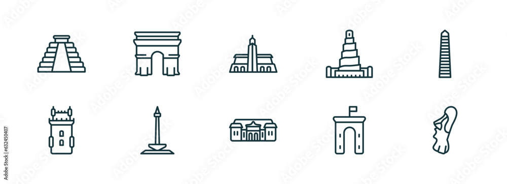 Poster set of 10 linear icons from monuments concept. outline icons such as maya pyramid, arc of triomphe, 
