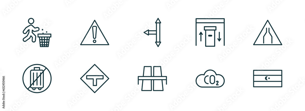 Poster set of 10 linear icons from maps and flags concept. outline icons such as use dust bin, caution, lef