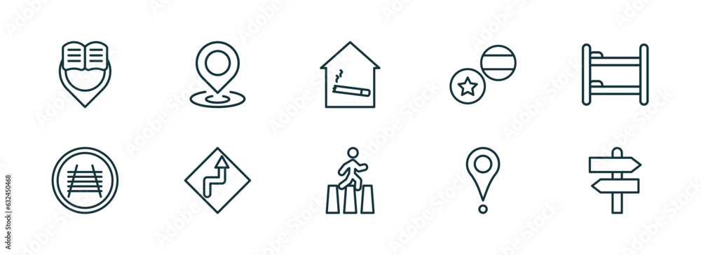 Poster set of 10 linear icons from maps and flags concept. outline icons such as reading zone, maps mark, s