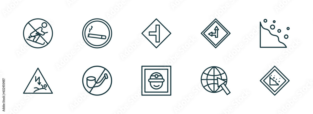 Poster set of 10 linear icons from maps and flags concept. outline icons such as no skiing, smoke zone, roa