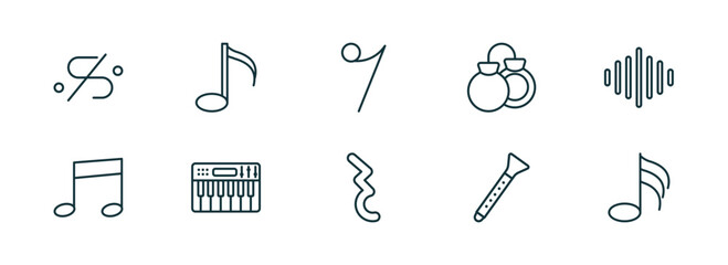 set of 10 linear icons from music and media concept. outline icons such as segno, semiquaver, eight note rest, quarter note rest, clarinet, thirty second note vector