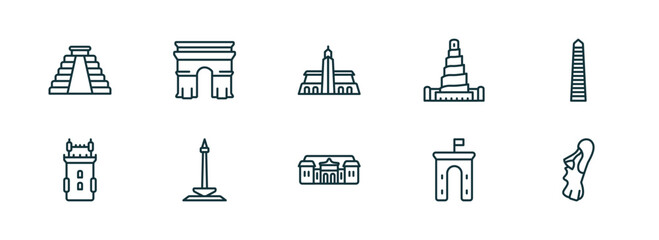 set of 10 linear icons from monuments concept. outline icons such as maya pyramid, arc of triomphe, hassan mosque, palace of versailles, ejer baunehoj, easter island vector