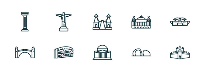 set of 10 linear icons from monuments concept. outline icons such as greek column, , bridge of the west, bay, al shaheed monument, thatbyinnyu temple vector