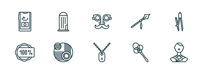 set of 10 linear icons from miscellaneous concept. outline icons such as front camera, granary, fun glasses, army dog tag, carpet beater, german vector