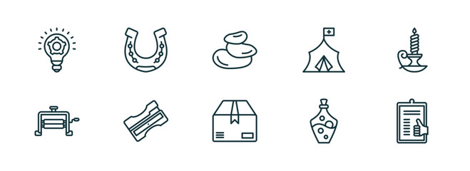 Fototapeta premium set of 10 linear icons from miscellaneous concept. outline icons such as thinking solutions, horseshoes, pebble, product, alchemy, enlist vector