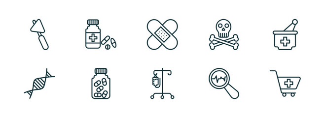 set of 10 linear icons from medical concept. outline icons such as medical hammer tool, pills jar, plastering, perfusion, diagtic, phary shopping cart vector