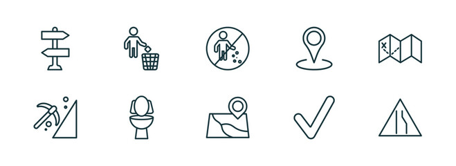 set of 10 linear icons from maps and flags concept. outline icons such as vintage, throw to the bin, no littering, map localization, mark, narrow right lane vector