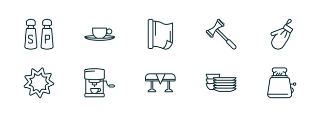 set of 10 linear icons from kitchen concept. outline icons such as salt and pepper, saucer, aluminum foil, tablecloth, dishes, toaster vector