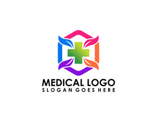 Modern Health Care Business Logo Icon for Hospital Medical Clinic Pharmacy Cross Symbol Design Element with blue and green heart\n