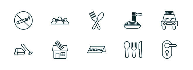 set of 10 linear icons from hotel and restaurant concept. outline icons such as no smoking, people, restaurant, reserved, eating utensils, doorknob vector - obrazy, fototapety, plakaty