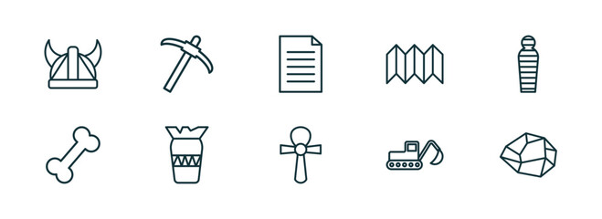 set of 10 linear icons from history concept. outline icons such as viking helmet, pick, paper, egypt, digger, stone vector