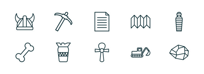Fototapeta premium set of 10 linear icons from history concept. outline icons such as viking helmet, pick, paper, egypt, digger, stone vector